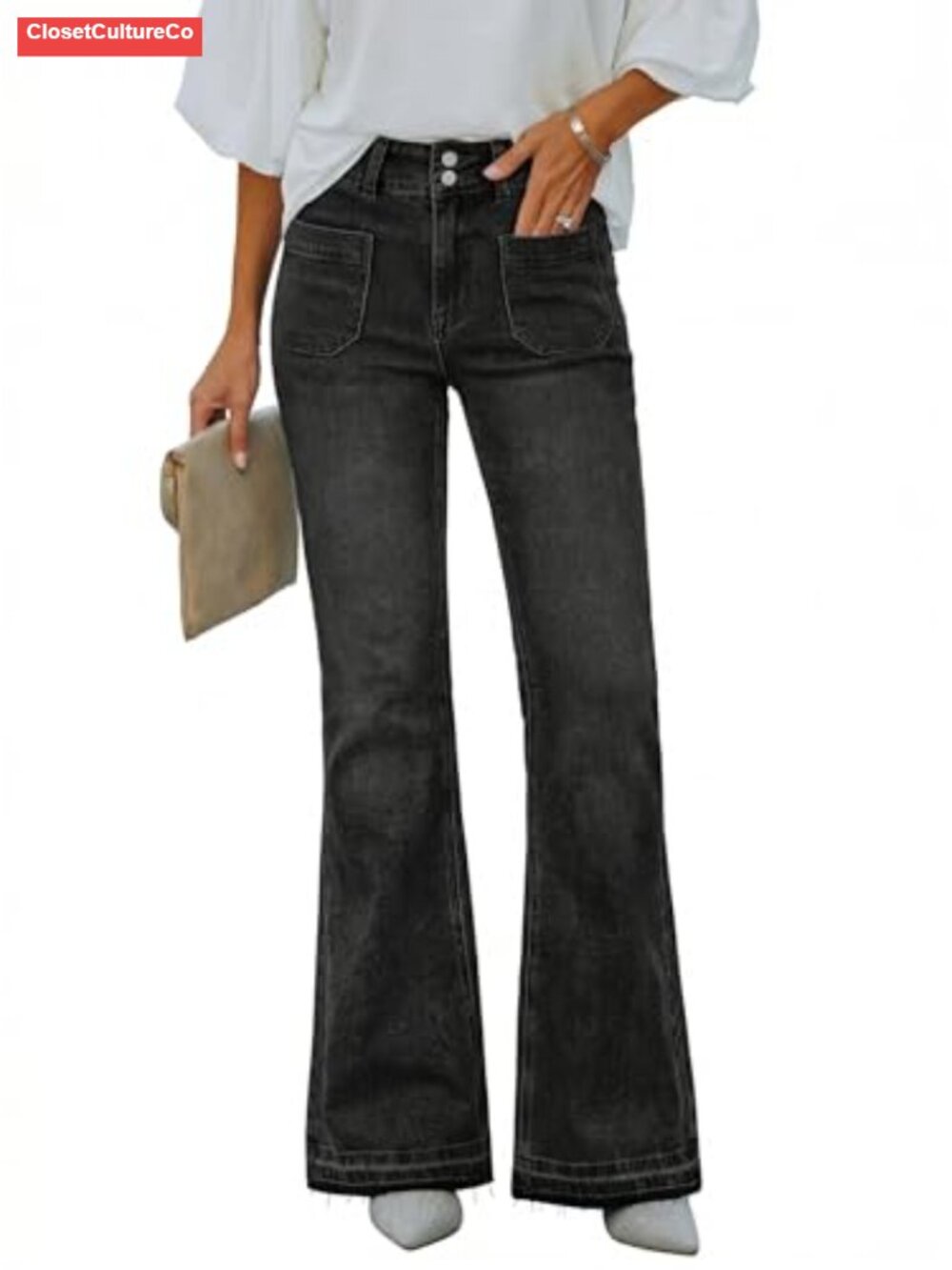 High Waisted Flare Jeans Women Stretchy Bell Bottom Distressed Raw Hem